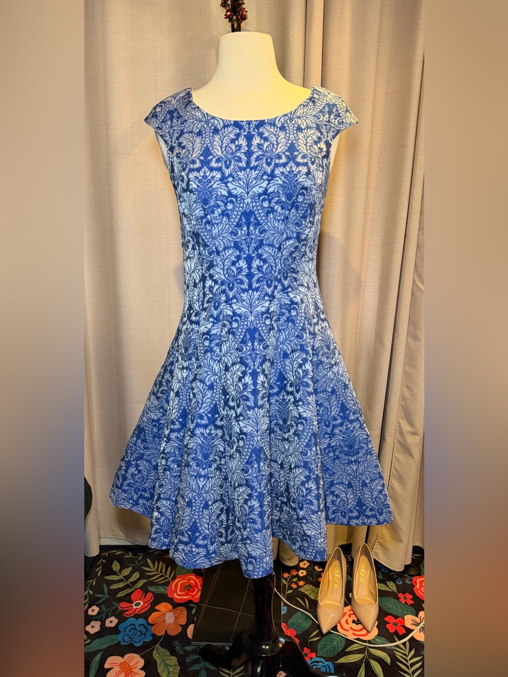 Betsey Johnson Blue and White Floral Fit & Flare Mini Dress